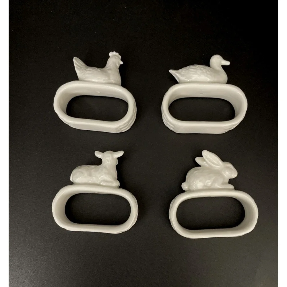 Martha Stewart White Ceramic‎ Napkin Rings Holders Farmhouse Animals Set of 4